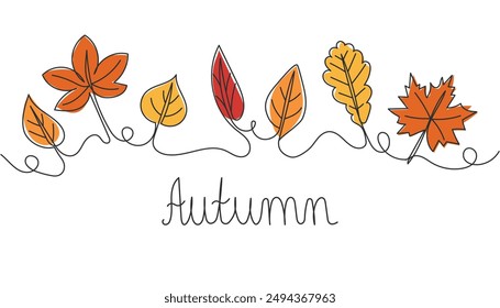 Colorful leaves drawn by hand in a continuous line. Colored beautiful garland of autumn leaves in one line. Minimalistic design, eps 10