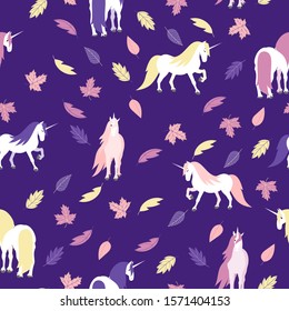 Colorful leaves falling around pink, purple, and yellow unicorns on a dark purple background.