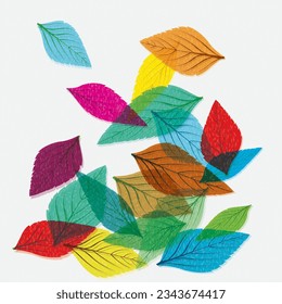 Colorful leaves falling overlap transparent with riso print effect vector illustration on white background.