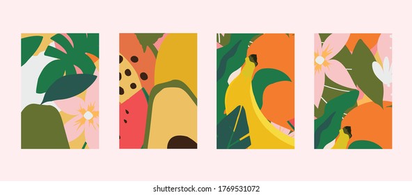 Colorful leaves, flowers and fruits card templates set. Exotic design for web banner, brochure, cover, flyer, invitation, placad, poster