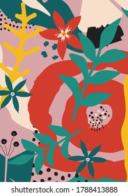 Colorful leaves and flowers poster background vector illustration. Exotic plants, branches, flowers and leaves art print for beauty and natural products, spa and wellness, fabric and fashion