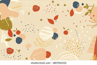 Colorful leaves and flowers poster background vector illustration. Exotic plants, branches, flowers and leaves art print for beauty and natural products, spa and wellness, fabric and fashion