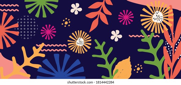 Colorful Leaves And Flowers Poster Background Vector Illustration. Exotic Plants, Branches, Flowers And Leaves Art Print For Beauty And Natural Products, Spa And Wellness, Fabric And Fashion