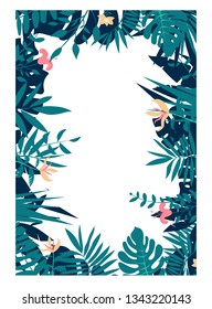 Colorful leaves and flowers of tropical plants background. Vertical floral frame with space for text.