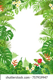 Colorful leaves and flowers of tropical plants background. Vertical floral frame with space for text. Tropic rainforest foliage border. Vector flat illustration.