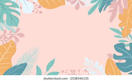 Colorful leaves forming a frame on a soft pink background, with blank space for custom text or designs.