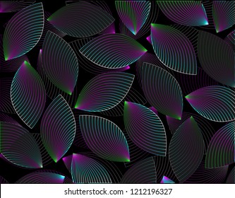 Colorful Leaves glow in the dark background design. Leaf 
fluorescent on black background