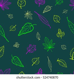 Colorful Leaves: Hand Drawn Pattern with Sketch elements for Print on Fabric. Textile Doodles Design. Hand-drawing elements on Seamless Background. Vector Illustration with drawing Sketch-art objects.