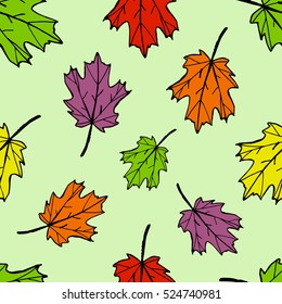 Colorful Leaves: Hand Drawn Pattern with Sketch elements for Print on Fabric. Textile Doodles Design. Hand-drawing elements on Seamless Background. Vector Illustration with drawing Sketch-art objects.