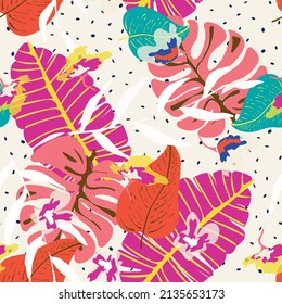 Colorful Leaves Jungle Vector Seamless Pattern. Pink Tropical Leaf Texture. Blue Palm Foliage Background. White Ethnic Tree Typography.