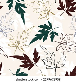 Colorful Leaves With Line Art Brush Seamless Pattern