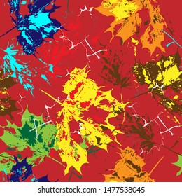 Colorful leaves on red background. Vector seamless pattern.