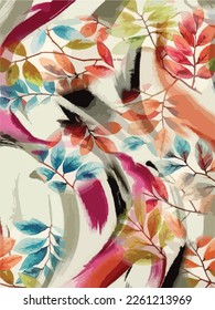 Colorful leaves pattern with abstract curling brush strokes