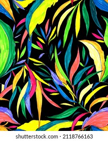 colorful leaves pattern on dark background Seamless exotic hand drown  botanical pattern. Vector colorful trendy background.