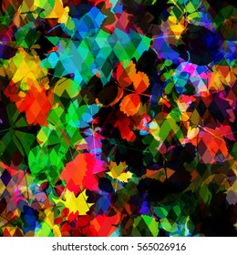 Colorful leaves pattern with rhombus. Artistic seamless background. Abstract vector texture for boho design, wrapping paper, textile