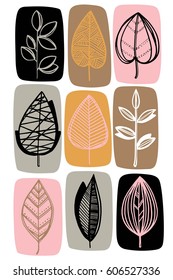 Colorful leaves pattern, set. Hand drawn floral vector background. Surface design