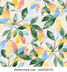 Colorful leaves pattern,illustration vector by freehand watercolor technique,for nature background
