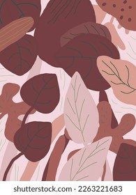 Colorful leaves patterns on pink background illustrations, vector aesthetic for wallpaper, wall decor, templates covers, art prints