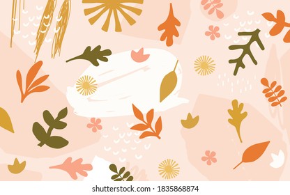 Colorful leaves poster background vector illustration. Exotic plants, branches, flowers and leaves art print for beauty and natural products, spa and wellness, fabric and fashion