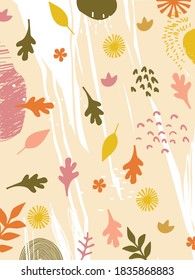 Colorful leaves poster background vector illustration. Exotic plants, branches, flowers and leaves art print for beauty and natural products, spa and wellness, fabric and fashion