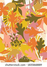 Colorful leaves poster background vector illustration. Exotic plants, branches, flowers and leaves art print for beauty and natural products, spa and wellness, fabric and fashion