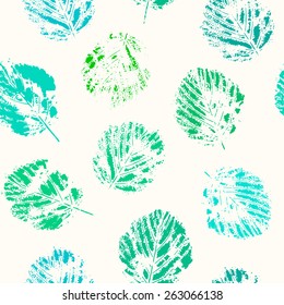 Colorful leaves prints background in green and blue. Vector seamless pattern. Nature background.