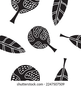 Colorful leaves. Seamless abstract pattern with plants. Stylish design of fabric, packaging, dishes.