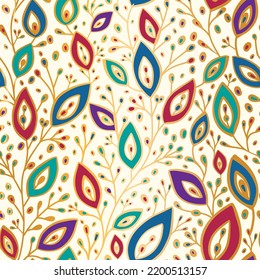 Colorful leaves seamless pattern. Abstract vector ornament template. Paisley elements. Great for fabric, invitation, background, wallpaper, decoration, packaging or any desired idea.