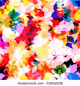 Colorful leaves seamless pattern. Abstract background. Yellow, white, blue, red, orange. Art texture. Floral background.