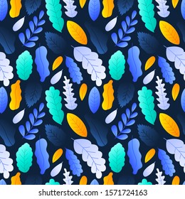 Colorful Leaves Seamless Pattern Background stock vector illustration on dark background.