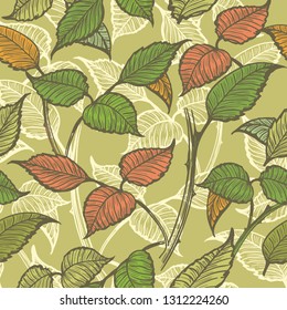 Colorful leaves seamless pattern drawn in vintage style. Vector illustration.