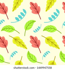 Colorful leaves seamless pattern with flat color design in light background.