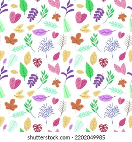 Colorful leaves seamless pattern on white background