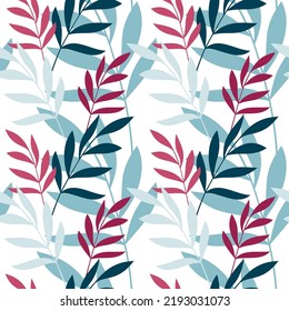 Colorful leaves seamless pattern vector. Abstract flat branches floral backdrop illustration. Wallpaper, background, fabric, textile, print, wrapping paper or package design.