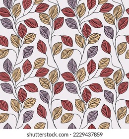 Colorful leaves seamless pattern vector. Abstract linear branches floral backdrop illustration. Wallpaper, background, fabric, textile, print, wrapping paper or package design.