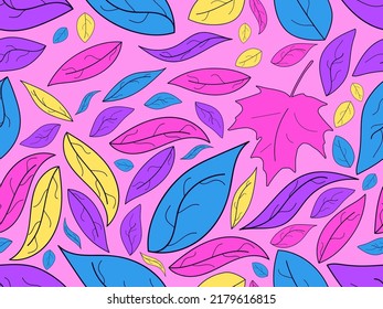 Colorful leaves seamless pattern. Yellow, blue and purple leaves. Falling leaves, leaf fall. Design for wrapping paper, fabric printing and promotional items. Vector illustration