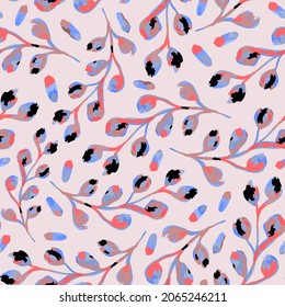 Colorful leaves seamless repeat pattern. Random placed, vector botany herbs all over surface print on pink background.