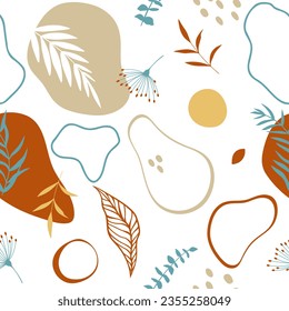 Colorful leaves and shapes seamless pattern illustration. Floral doodle background, funny basic nature shapes wallpaper.