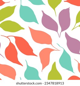 Colorful leaves silhouettes seamless pattern. Multi colored botanical ornament with simple doodle branches. Hand drawn foliage silhouette texture. Doodle drawing plants. Leaves seamless pattern.