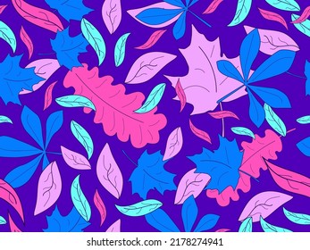 Colorful leaves with stroke seamless pattern. Autumn leaf fall, leaf fall. Oak and maple. Design for wrapping paper, fabric printing and promotional items. Vector illustration