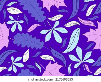 Colorful leaves with stroke seamless pattern. Autumn leaf fall, leaf fall. Oak and maple. Design for wrapping paper, fabric printing and promotional items. Vector illustration