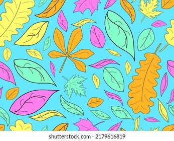 Colorful leaves with stroke seamless pattern. Autumn falling leaves, leaf fall. Oak and maple. Design for wrapping paper, fabric printing and promotional items. Vector illustration