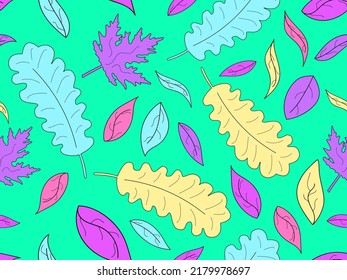 Colorful leaves with stroke seamless pattern. Autumn falling leaves, leaf fall. Oak and maple. Design for wrapping paper, fabric printing and promotional items. Vector illustration