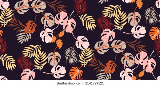 Colorful leaves in trendy style on dark background. Vintage leaves tropical palm, monsterera. Vector design for for any purposes, bedding prints, wrapping paper, fabric, wallpaper, website, wall art
