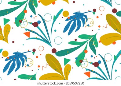 colorful leaves, triangles, zigzags and circles pattern. Set of hand drawn vector. Cartoon illustration. Illustration set of green leaves in various kind