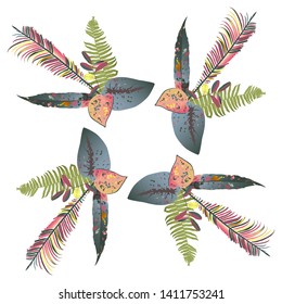 Colorful leaves tropic pattern on white black background for decorative design. Exotic tropical leaves with gradient elements for any purposes
