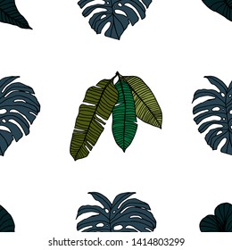 Colorful leaves tropic pattern on white black background for decorative design. Exotic tropical leaves with gradient elements for any purposes