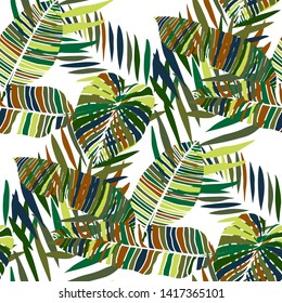 Colorful leaves tropic pattern on white background for decorative design. Exotic tropical leaves for any purposes