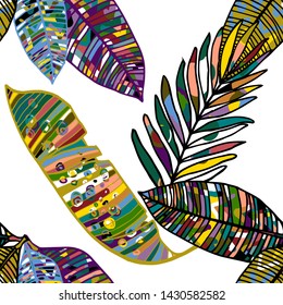 Colorful leaves tropic set with abstract elements for decorative design. Exotic tropical leaves for any purposes
