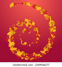 Colorful Leaves Vector Red Background. Decor Floral Card. Orange Realistic Foliage Design. November Illustration.